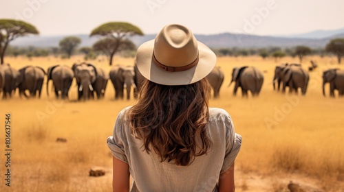 woman observing herd of elephants in savanna landscape © Balaraw