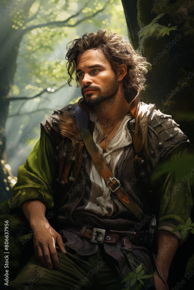 Rugged adventurer in lush forest Rugged adventurer in lush forest