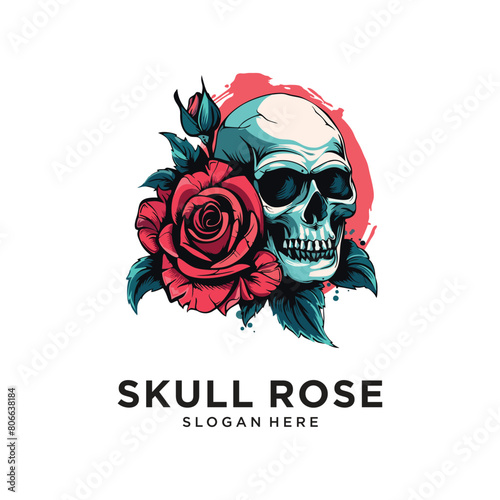 skull flower rose character logo design vector