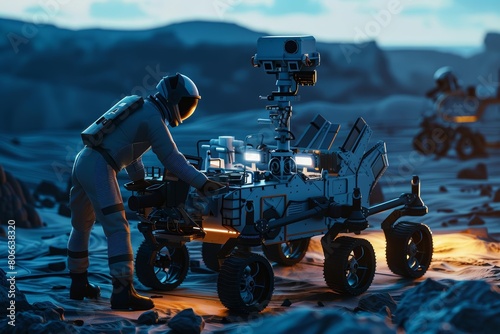 Engineers working on a robotic rover designed for interplanetary exploration