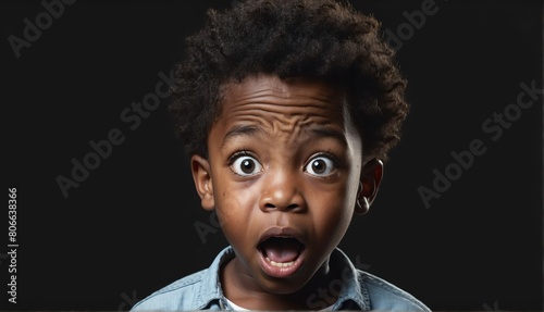 handsome african kid boy surprised amazed expression o suprised amazed expression on plain black background from Generative AI