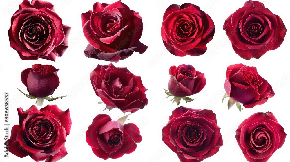 collage of red roses isolated on white background,Red Roses Background, Flowers wall, Wedding decoration,background for greeting card and banner design for Birthday, Wedding, Mother's day, Woman's day