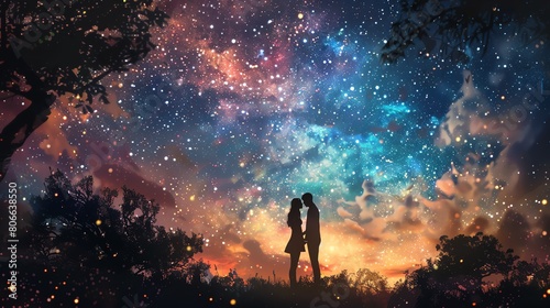 Capture the essence of Frontal view Romance Stories with a digital painting of a couple gazing into each others eyes under a starlit sky