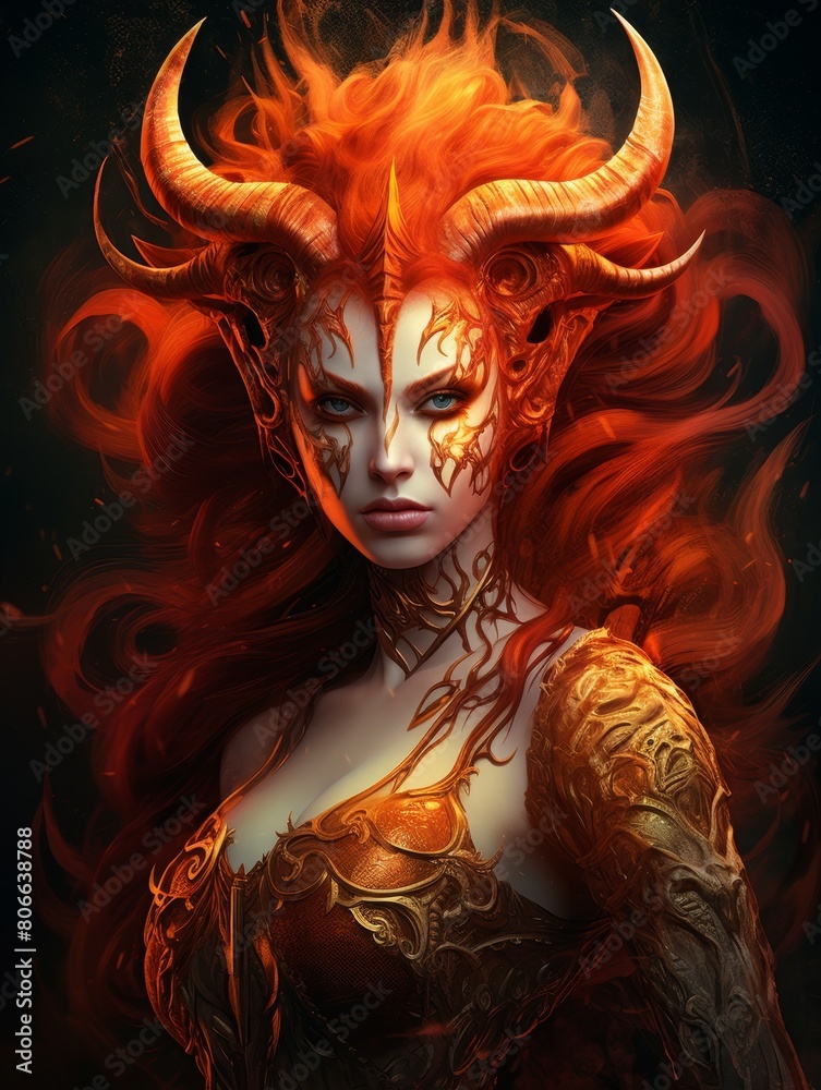 Fiery demonic fantasy character with horns and glowing eyes