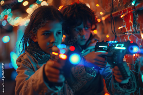 Two children play laser tag in an arcade arena with colorful bokeh lights in the background. photo