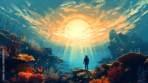 A vector illustration of a snorkeler exploring coral reefs.