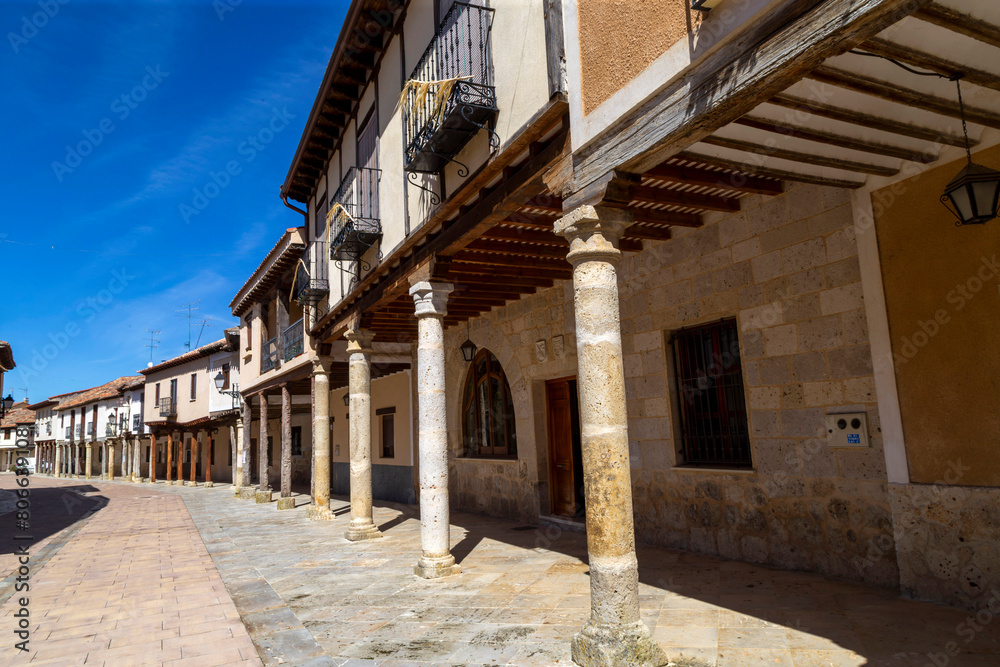 Porticoed street in the beautiful town of Ampudia. Palencia, Castile and Leon, Spain.