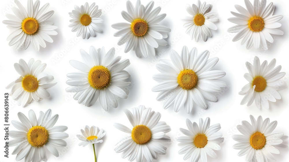 collection of daisy flower on white background, each one is shot separately,Bright pattern of chamomile daisy flower stems and buds on a white backdrop. Background with a lovely summer flower texture