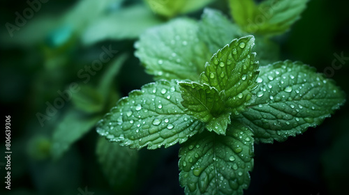 close up view of a Fresh green mint leaves with water drops on it , macro background, peppermint , blur background , plant    © YOUCEF