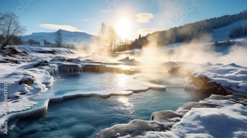 Serene winter landscape with steam rising from hot springs