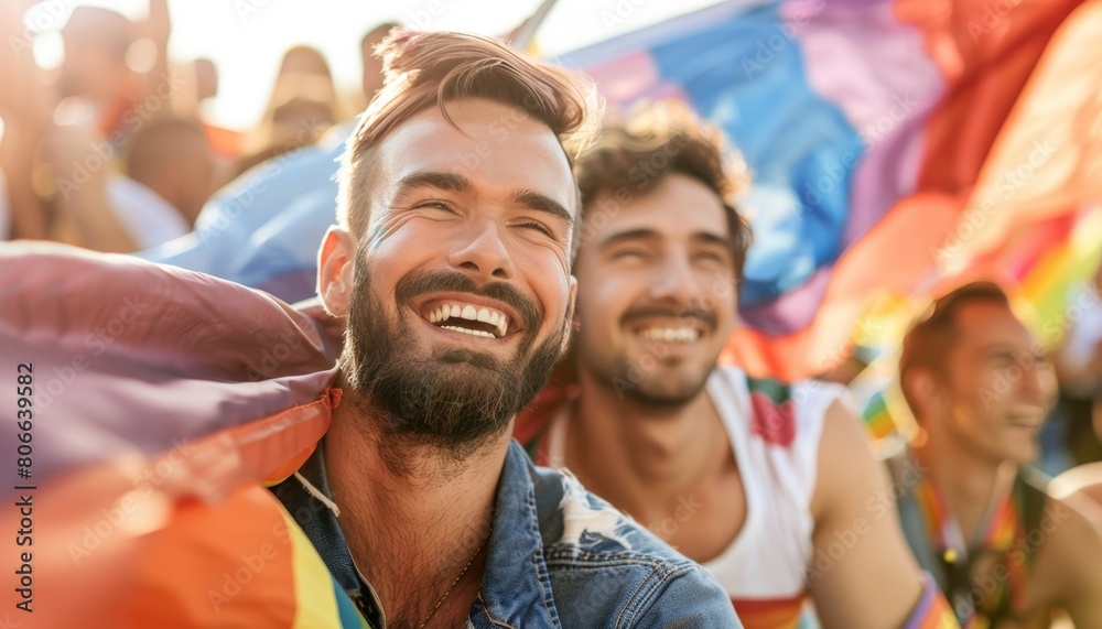 Joyful friends at pride parade with rainbow flags. Joyful friends at pride parade with rainbow flags.