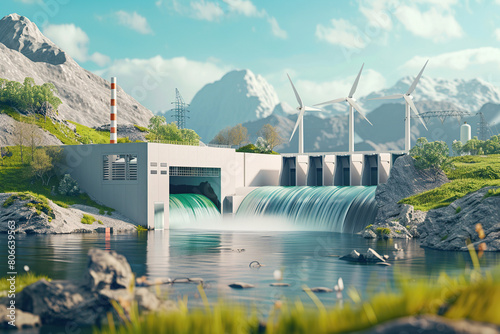 Generative ai on theme of hydroelectric power energy plant with large turbines and water spills