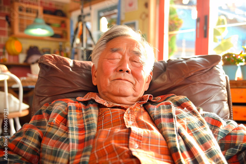 Relaxed senior man taking a peaceful nap in a colorful and vibrant living space, emanating a sense of well-being