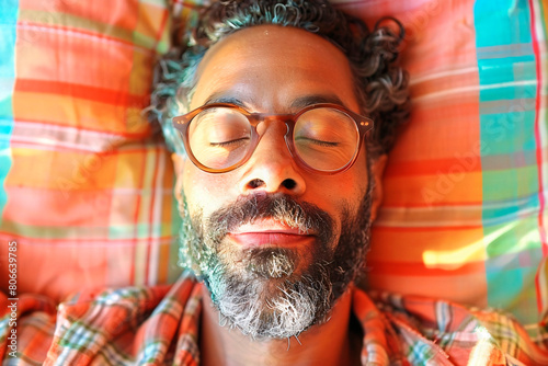 A bearded man with glasses lying peacefully, enveloped in vibrant colors and patterns, embodying relaxation and calm photo
