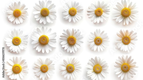 collection of daisy flower on white background, each one is shot separately,Bright pattern of chamomile daisy flower stems and buds on a white backdrop. Background with a lovely summer flower texture © Classy designs