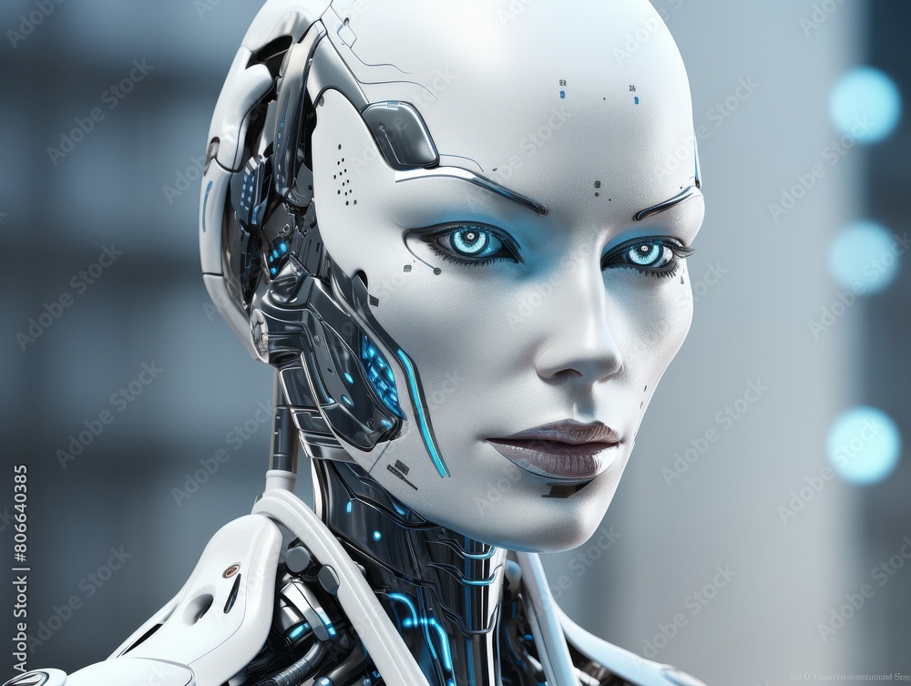futuristic female robot with glowing blue eyes
