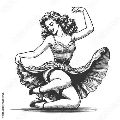 elegant retro dancer captured mid-movement, her flowing dress and poised stance emphasizing the timeless grace of classic dance sketch engraving generative ai fictional character raster illustration.  © Oleksandr Pokusai