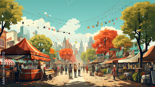 A vector illustration of a vibrant street food market. photo