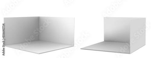 3d white booth stand room with wall for trade event mockup. Empty display corner with podium on floor mock up template. Blank presentation showroom interior set. Isolated exhibit advertising cube area photo