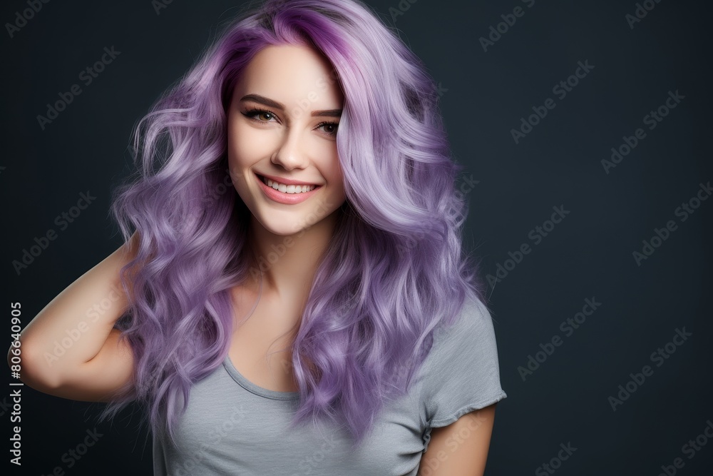smiling woman with vibrant purple hair smiling woman with vibrant purple hair