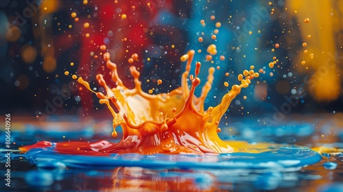 Colorful paint splashes frozen in mid-air with a blurred canvas behind