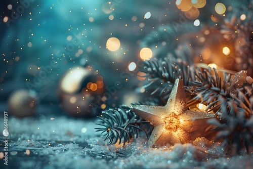  Christmas star with needle, snowy and glittering background. © LUBKA