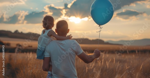 A tender scene with a father carrying his daughter on his shoulders, holding a balloon, as they watch the sun dip below the horizon on Father's Day photo