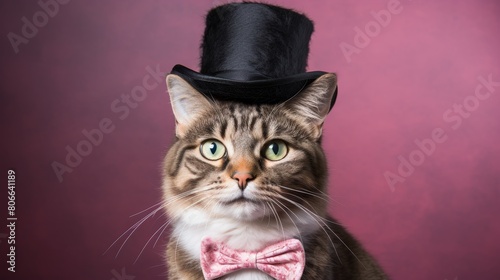 Dapper cat wearing top hat and bow tie