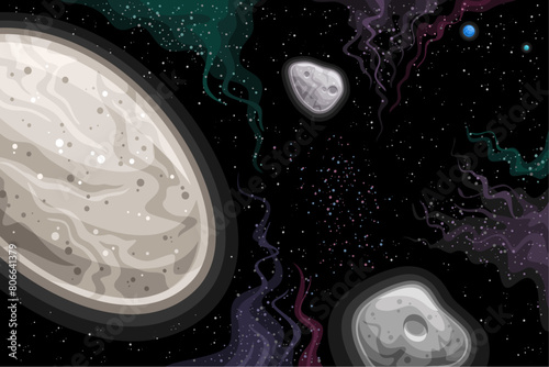 Vector Fantasy Space Chart, astronomical card with illustration of dwarf planet Haumea with moons Hi'iaka and Namaka in deep space, decorative futuristic cosmo print with black starry space background
