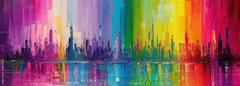 Vibrant spectrum of urban splendor reflected in water at dusk. A vividly colored abstract cityscape reflects in tranquil water, showcasing a rainbow of hues