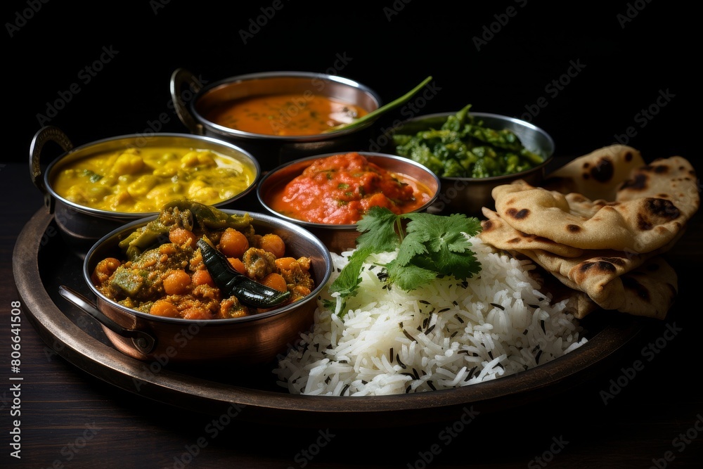 Assortment of Indian curry dishes and rice