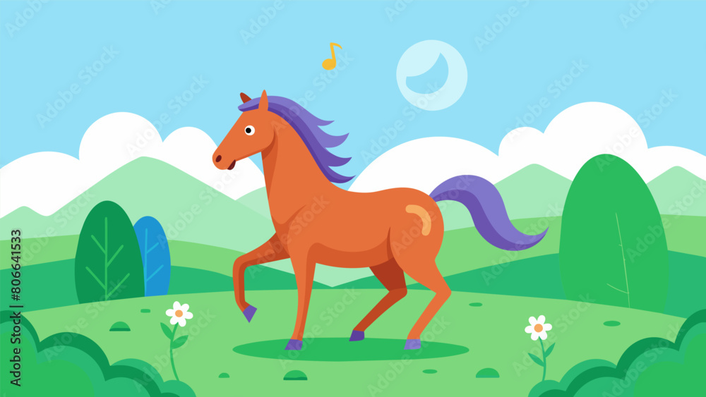 A majestic horse frolics around a beautiful pasture as an AIbased pet mood enhancer plays calming instrumental lullabies to keep him relaxed and. Vector illustration A majestic horse frolics around a beautiful pasture as an AIbased pet mood enhancer plays calming instrumental lullabies to keep him relaxed and. Vector illustration