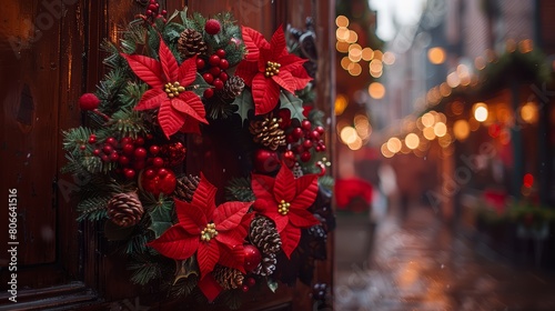 A festive wreath on a door, blurred party scene inside