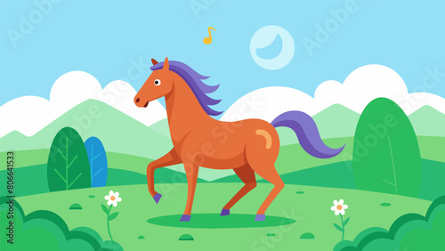 A majestic horse frolics around a beautiful pasture as an AIbased pet mood enhancer plays calming instrumental lullabies to keep him relaxed and. Vector illustration