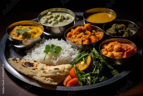 Assortment of Indian curry dishes and rice on a plate