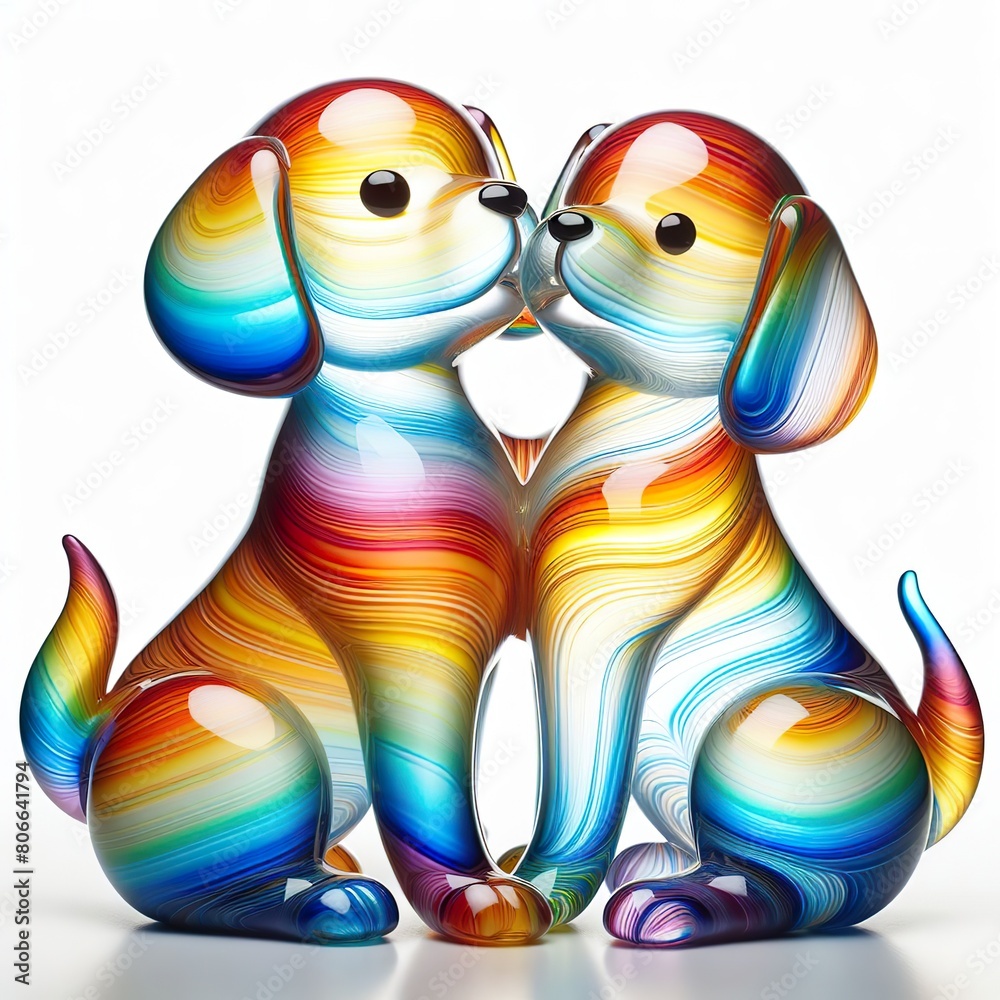 Fototapeta premium A stunning blown glass sculpture of a playful, a couple puppy with seamlessly blended rainbow colors, white background