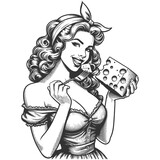 woman playfully enjoying a large piece of cheese capturing the joy of culinary delights in vintage fashion sketch engraving generative ai fictional character raster illustration. Black and white image