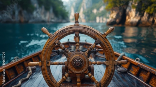 A captain's wheel with a blurred sea horizon, symbolizing steering and direction