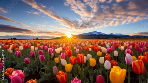 Vibrant tulip field at sunset