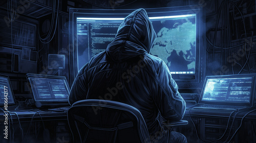 An anonymous hacker seating in front of a commanding monitor