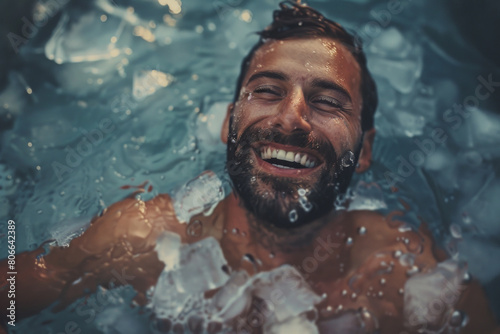 A man using an ice plunge pool bath for recovery after sports exercise