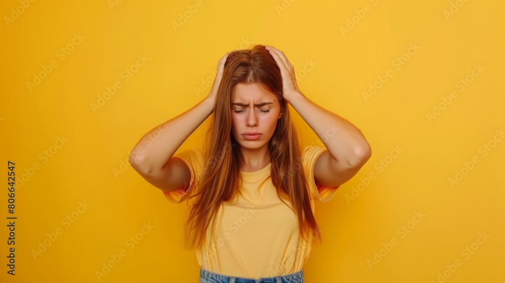 Stressed young woman with a headache against a yellow background Stressed young woman with a headache against a yellow background