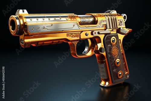 Ornate golden pistol on black background