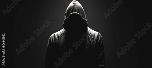A silhouette of a person in a hoodie against a dark background, boldly black and white aesthetics and social and political commentary. photo