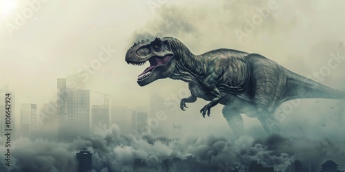 A dinosaur is standing in a ruined city