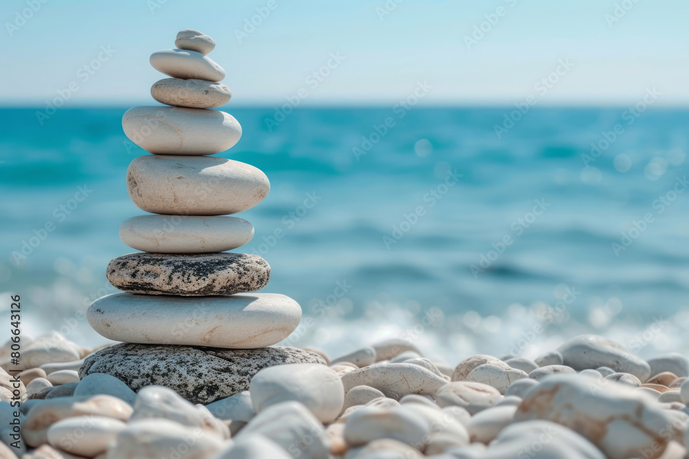 Stacked pebbles on the beach near the ocean, zen-inspired aesthetics, monumental forms, and colors of light white and light azure.