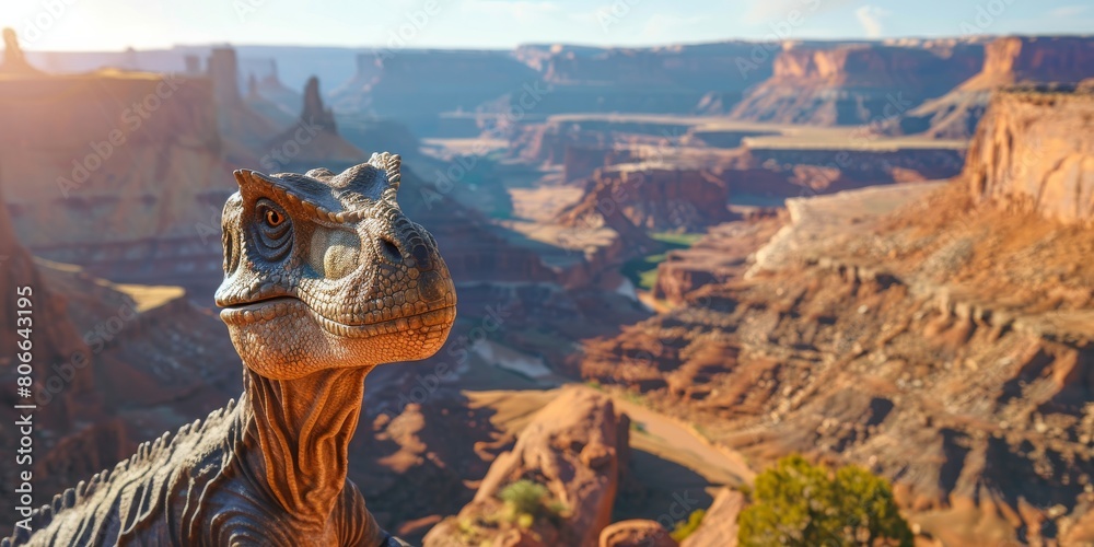 Naklejka premium A dinosaur looking out over a canyon.