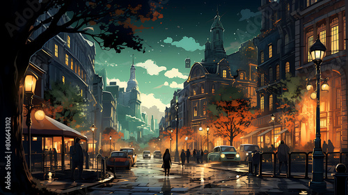 A vector image of a bustling city street at night. photo
