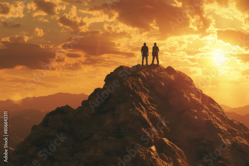 Two people on top of a mountain in a success timelapse, realistic and hyper-detailed ings, bold gestures, and colors of orange and bronze.