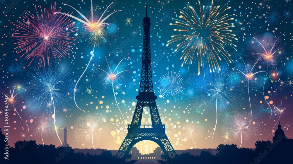 Eiffel Tower silhouette stands tall against a dazzling display of firework casting a festive glow on Bastille Days night sky